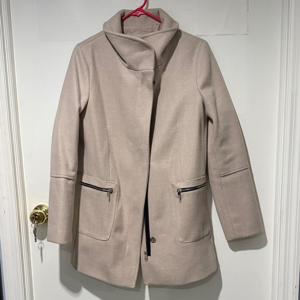 Bershka Women's Beige Pea Coat with zipper and round collar